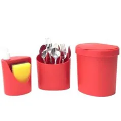 Kit para Pia 3 peças: 1 Lixeira 2,5L + Porta Talheres + Dispenser 600ml, cor Vermelha - Coza - R$ 26,90