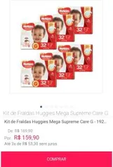 Kit de Fraldas Huggies Mega Supreme Care G - 192 Unidades - R$128