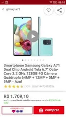 [Com AME R$1659] Smartphone Samsung Galaxy A71 128GB