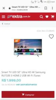 Smart TV LED 50'' Ultra HD 4K Samsung RU7100 3 HDMI 2 USB Wi-Fi iTunes por R$ 1999