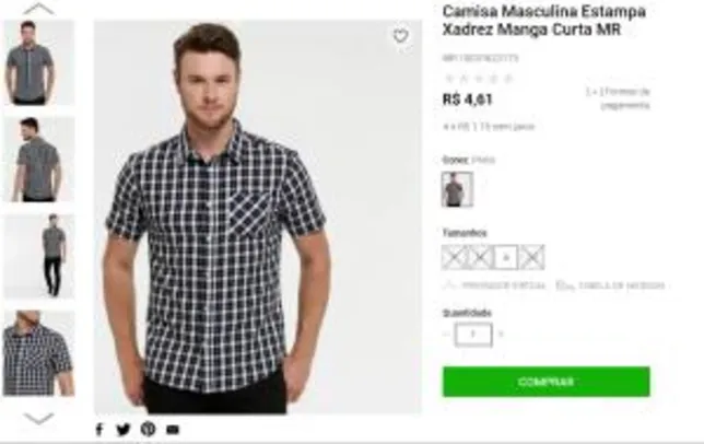 ENCERRADO - Camisa Masculina Estampa Xadrez Manga Curta MR Tamanho g R$ 5