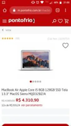 Saindo por R$ 4166,5: MacBook Air Apple Core i5 8GB 128GB SSD Tela 13.3” MacOS Sierra MQD32BZ/A R$4311 | Pelando