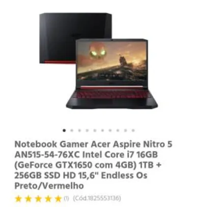[Com AME R$ 117,98] Notebook Gamer Acer Aspire Nitro 5 AN515-54-76XC i7 9ª 16GB (GeForce GTX1650 com 4GB) 1TB + 256GB SSD