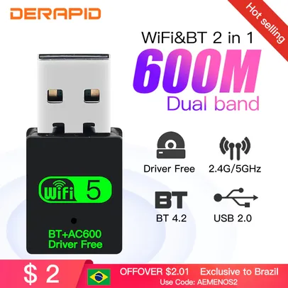Saindo por R$ 35: Adaptador wi-fi usb, 600mbps 5Ghz e 2.4Ghz, bluetooth, 2 em 1 | R$35 | Pelando