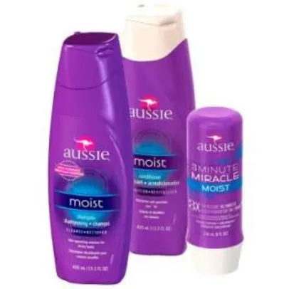 Kit Completo Aussie Moist para Cabelos 3x mais Hidratação: 1 Shampoo 400ml + 1 Condicionador 400ml + 1 Tratamento de 3 Minutes Miracle 236ml