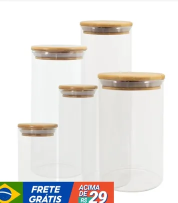 kit 5 potes de vidro herméticos circulares com tampa de bambu 250ml, 450ml, 800ml, 1,1L e 2L - Oikos