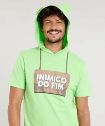 Camiseta masculina carnaval ursinho "inimigo do fim" com capuz de orelhinhas | R$17