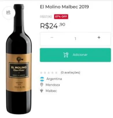 [APP] ARGENTINO EL MOLINO MALBEC 2019 | R$25