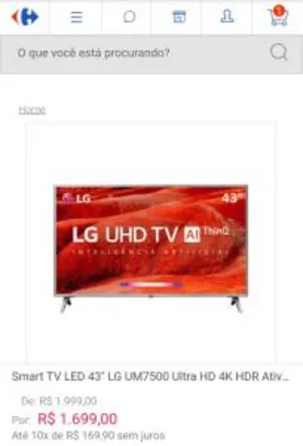 Smart TV LED 43" LG UM7500 Ultra HD 4K 