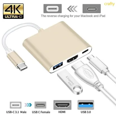 [DoBrasil/Moedas] 3 Em 1 Hub Tipo C Para Hdmi Usb 3,0 Conversor 4k / Adaptador Shell Alumínio 