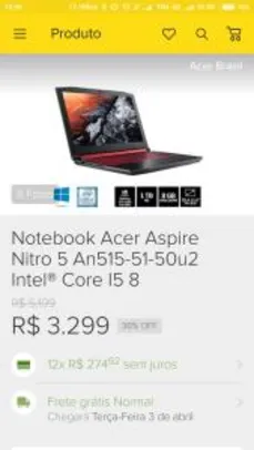 Notebook Gamer Acer Nitro 5 i5 An515-51-50u2 - R$3299
