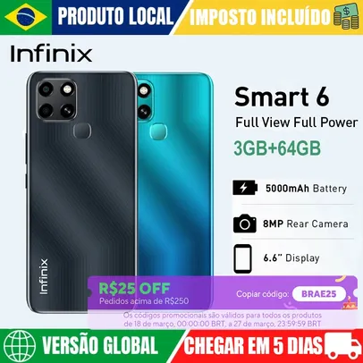 (Do Brasil) Infinix Smart 6 Smartphone 3GB RAM 64GB ROM Versão Global|