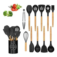 [CC AME +  AME] Conjunto Utensílios de Cozinha Kit 12 Peças Silicone com Cabo de Madeira + Acessórios 