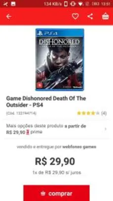 Game Dishonored Death Of The Outsider - PS4 R$31