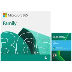 Microsoft 365 Family 1 licença para até 6 usuários, Assinatura 15 meses + Kaspersky Antivírus Total Security, 5 dispositivos Licença 12 meses 