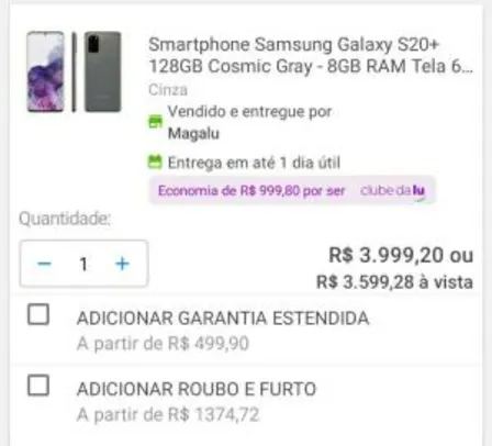 [APP + Clube da Lu] Smartphone Samsung Galaxy S20+ | R$3600