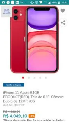 iPhone 11 Apple 64GB PRODUCT(RED), Tela de 6,1”, Câmera Dupla de 12MP, iOS - R$4049