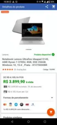 Notebook Lenovo Ultrafino Ideapad S145, AMD Ryzen | R$3.736