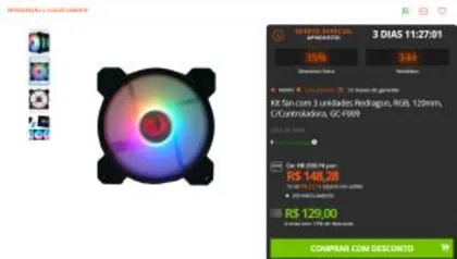 Kit fan com 3 unidades Redragon, RGB, 120mm, C/Controladora, GC-F009