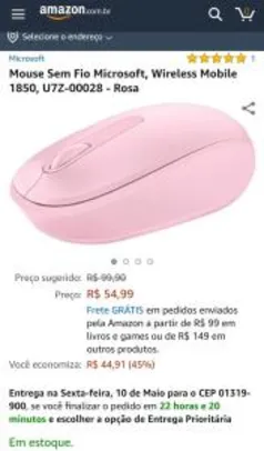 Mouse Sem Fio Microsoft, Wireless Mobile 1850, U7Z-00028 - Rosa por R$ 55