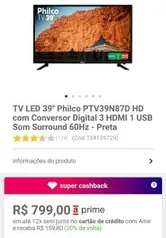 [R$639 AME] TV LED 39'' Philco PTV39N87D HD com Conversor Digital 3 HDMI 1 USB Som Surround 60Hz - Preta R$799