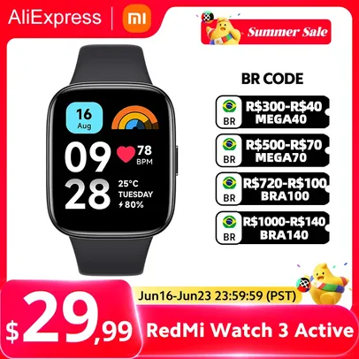 Smartwatch Xiaomi Redmi Watch 3 Active 1.83" Bluetooth 5ATM Impermeável 