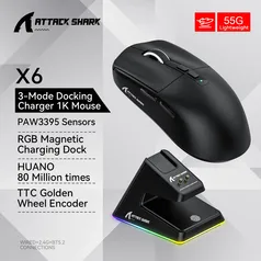 [Moeda R$ 119] Mouse Gamer Sem Fio Attack Shark X6, Sensor PAW3395, com Dock de Carregamento 