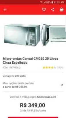 [R$ 256 Ame + CC Americanas] Microondas Consul 20L espelhado CM020