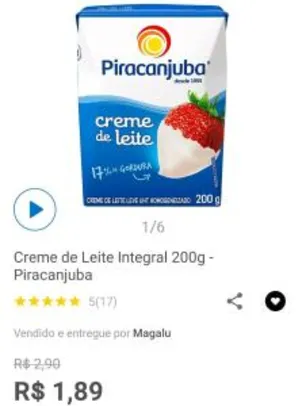 [APP] Creme de Leite Integral Piracanjuba - 200g | R$1,89