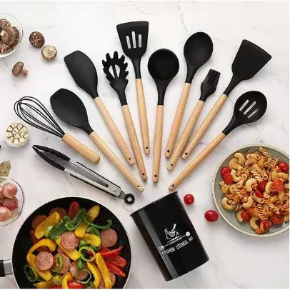 Kit 12 Pçs Utensílios De Cozinha Em Silicone Cabo Madeira