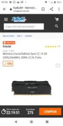 Memória Crucial Ballistix Sport LT, 16 GB (2X8),2666MHz, DDR4, CL16 | R$480