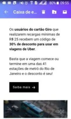 (Usuários do Cartão Giro )30% de desconto para usar em viagens de Uber.