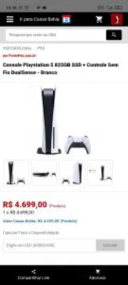 Console Playstation 5 825GB SSD + Controle Sem Fio DualSense - Branco | R$4699