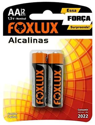 Pilha Alcalina Pequena AA Foxlux – Tensão Nominal: 1,5V – Embalagem com 2 pilhas – Alta durabilidade