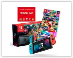 Console Nintendo Switch + Joy-Con Neon + Mario Kart 8 Deluxe + 3 Meses de Assinatura Nintendo Switch Online, Azul e Vermelho - HBDSKABL2