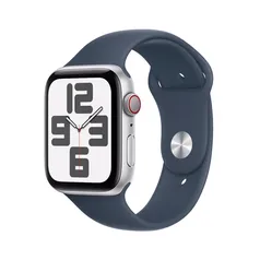 Apple Watch SE GPS + Cellular • Caixa prateada de alumínio – 44 mm • Pulseira esportiva azul-tempestade – P/M