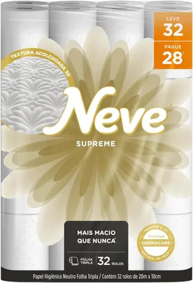 Neve Papel Higiênico Supreme Folha Tripla, 20m, Leve 32 Pague 28 Rolos