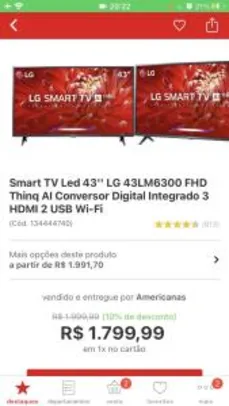 Saindo por R$ 1799: Smart TV Led 43'' LG 43LM6300 FHD Thinq AI Conversor Digital Integrado 3 HDMI 2 | R$1.799 | Pelando