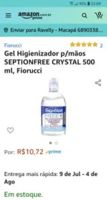 Prime | Gel Higienizador p/mãos SEPTIONFREE CRYSTAL 500 ml | R$ 11