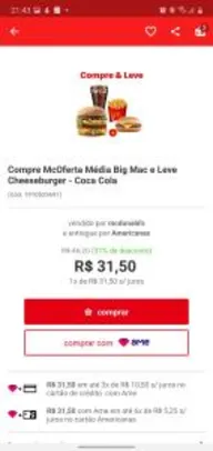 2 x 1 McOferta2x1 McOferta Média Cheddar - Coca Cola sem açúcar | R$ 6