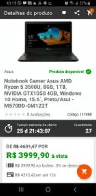 Notebook Gamer Asus AMD Ryzen 5 3500U, 8GB, 1TB, NVIDIA GTX1050 4GB | R$3.999