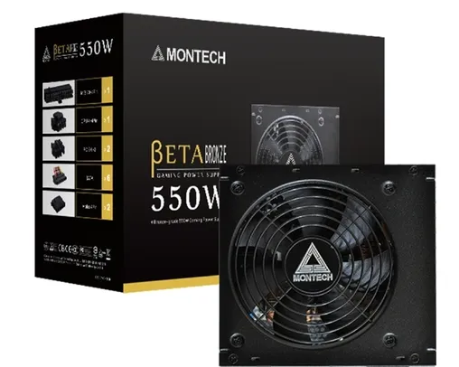 Fonte Montech BETA Bronze 550W, 80 Plus Bronze, PFC Ativo, Capacitores Japoneses