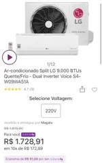 [Clube da Lu App] Ar condicionado LG 9000 BTUs quente/frio | R$ 1729