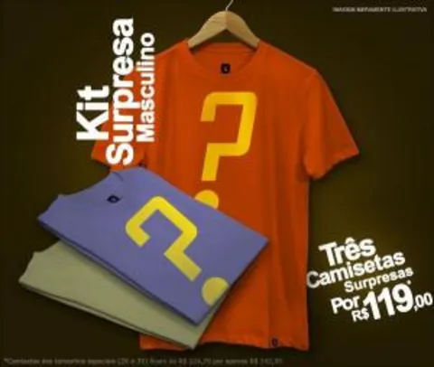 Trio de camisetas surpresas (2X e 3X) masculinas por R$149,00 na REDBUG