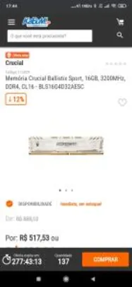 Memória Crucial Ballistix Sport, 16GB, 3200MHz, DDR4, CL16 | R$ 439