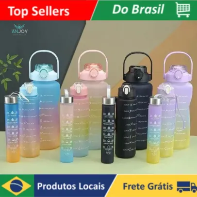 [R$12,14 BR/ Moedas] Kit de 3 Garrafas de Água Motivacionais Fitness Tie Dye Degradê Preto e Branco - 2L, 900ml e 300ml 