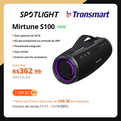 (Taxa Inclusa) Caixa de som Tronsmart Mirtune S100, 50W , IPX7 À Prova D' Água