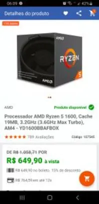 Processador AMD Ryzen 5 1600 AF, Cache 19MB, 3.2GHz (3.6GHz Max Turbo), AM4 | R$617