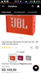 Caixa de Som Bluetooth Portátil JBL GO - 3W USB com Microfone por R$ 109