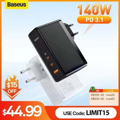 Carregador Baseus 140W Gan5 Pro +  Cabo PD 240W 1 metro